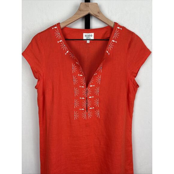 Hiho Tortola BVI Rachel Dress Women’s Small 100% Linen Orange Embroidered Beach - Picture 2 of 8
